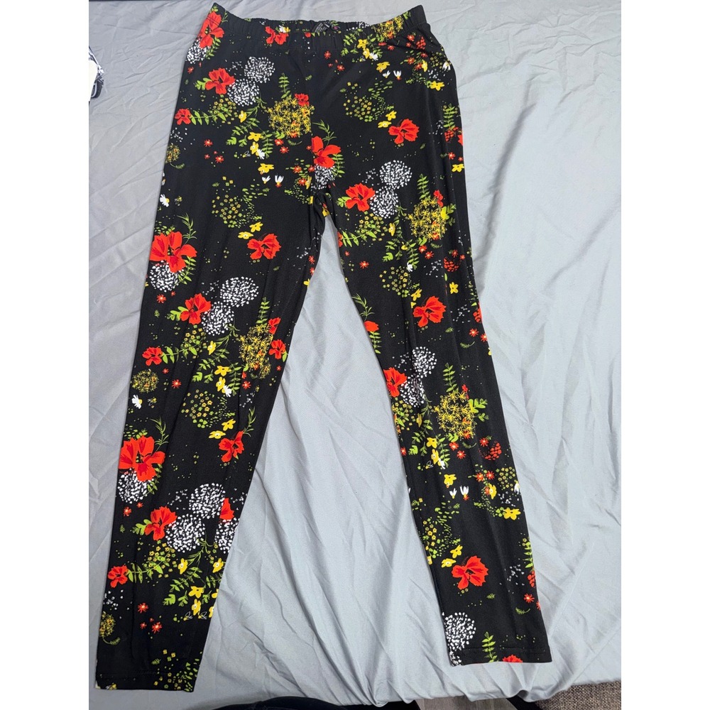 Just One Womens 1X Floral Leggings Black Red Yellow Stretch Pull On Pants